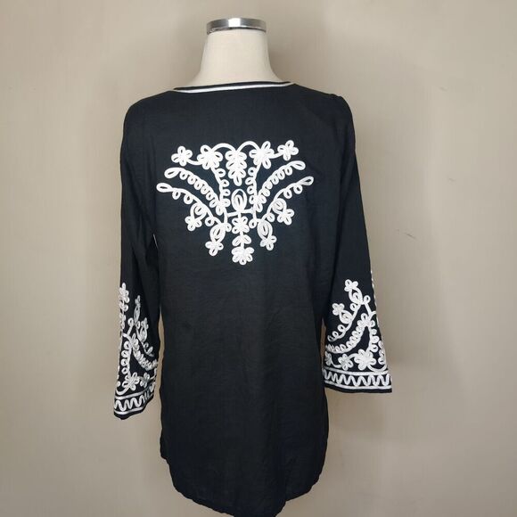 Barbara Gerwit Embroidered Tunic Top Black Cotton Side Slits - Picture 8 of 10